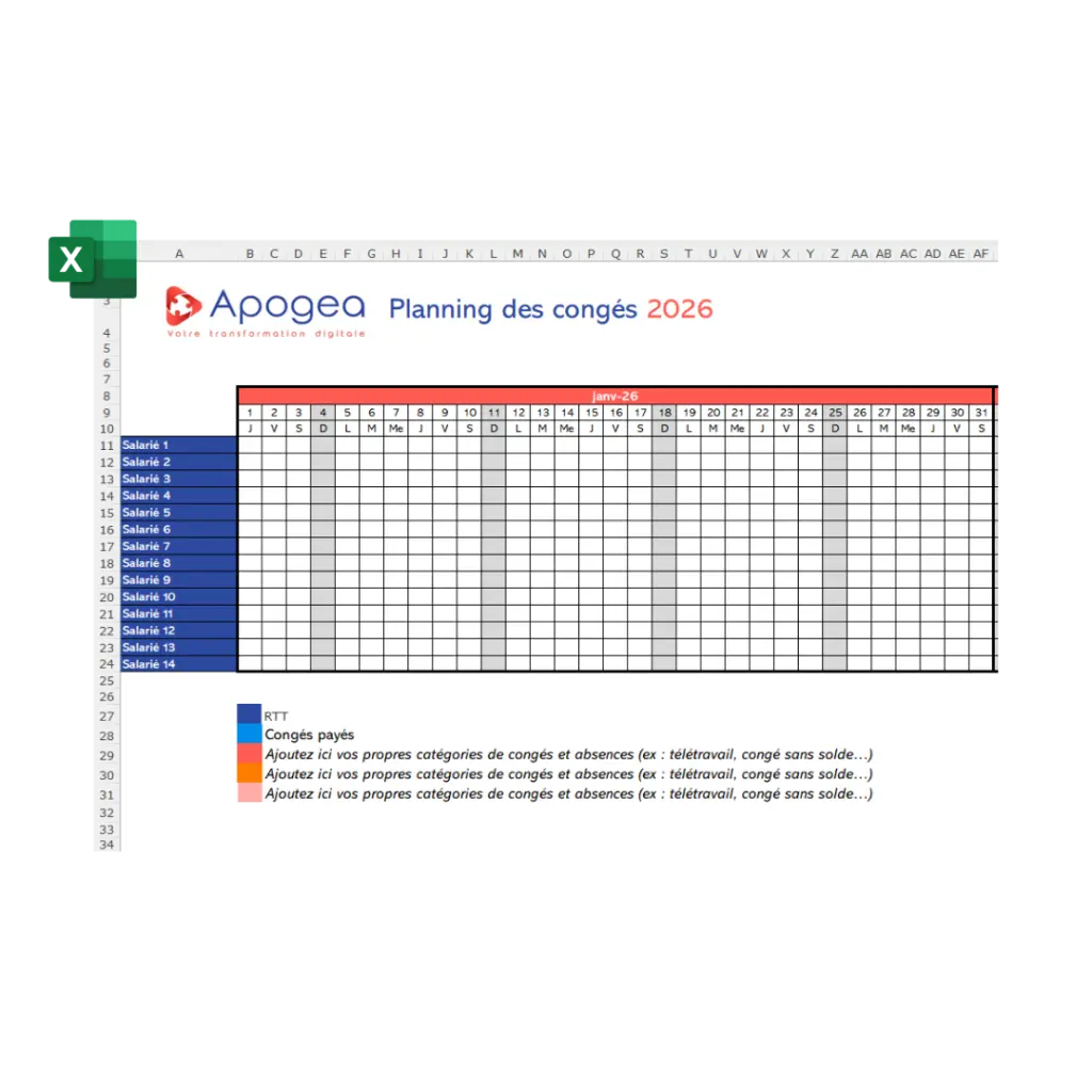 planning 2026 congés format excel
